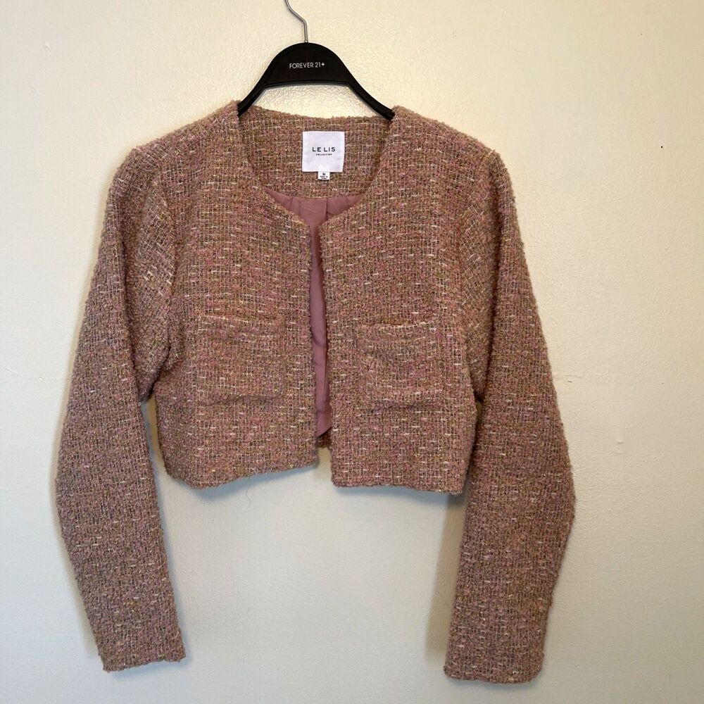 LE LIS Blush Pink Metallic Boucle Cropped Open Blazer Jacket Textured Knit - M
